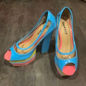 Retro multicoloured peep toe chunky heel.